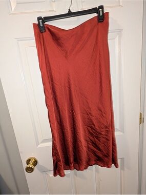 Lustrous Rust-Red Midi Slip Skirt